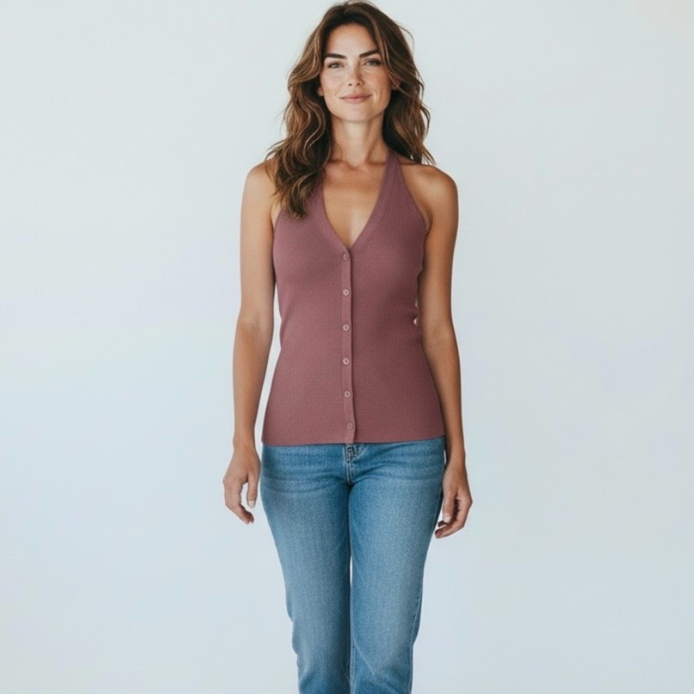 Aritzia Wilfred Eleanor Sweater Vest Halter Top Button Front English Rose Size M - Picture 2 of 8